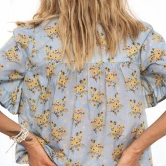 HAPPY X NATURE Light Blue Yellow Floral Boxy Lightweight 100% Cotton Shirt Small - Picture 4 of 8